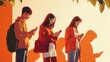 Three young people are engrossed in their smartphones while standing under a tree with the sun casting their shadows on a warm-toned background