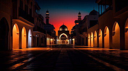 Wall Mural - City street with a mosque in the distance at night in shades of blue orange and yellow