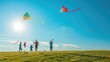 A happy family enjoys flying kites in the sky, surrounded by the natural landscape of a grassy field under the clouds. AIG41