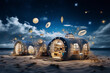 Surreal beach house at night with stars and planets floating above.