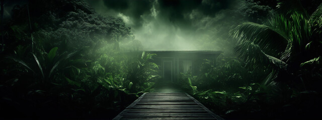 Wall Mural - Mystical landscape with a wooden walkway leading to a mysterious house in the middle of a dark jungle with green plants and a foggy atmosphere.