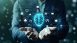 Business AI concept, of a businessman open palm, analysis AI digital glowing brain, connect digital glowing icons, blue technology background, generative ai