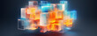 3D illustration of glowing translucent cubes in blue and orange hues on a dark blue background.