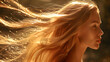 Profile of a young woman with long flowing hair backlit by golden sunlight. Beauty and haircare concept. Design for beauty products advertisement, banner, and poster