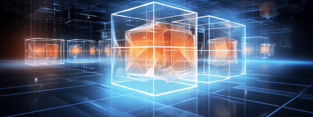 3D rendering of glowing orange geometric shapes inside transparent cubes in a blue digital space.