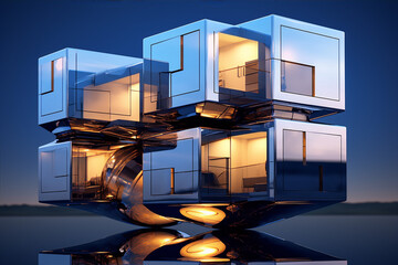 Wall Mural - 3D rendering of a modern house with a blue background in the architecture category with a futuristic style and blue and silver colors.