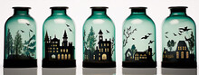 Five Green Glass Jars With Black Haunted House Silhouettes And Bats Inside On A White Background.