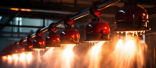 A row of red light bulbs is hanging from a pipe, possibly used for decorative purposes or as a lighting display. The bulbs are evenly spaced and emit a warm, glowing light.