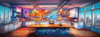 graffiti kitchen interior, blue and orange colors, comic style, illustration