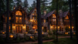 Fairytale cottage nestled in a mystical forest at night, illuminated by warm lights.