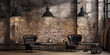 Two vintage armchairs in a retro industrial living room interior with brick walls and concrete floor.