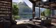 Modern mountain lake house interior living room with large windows and a beautiful view of the mountains and lake.