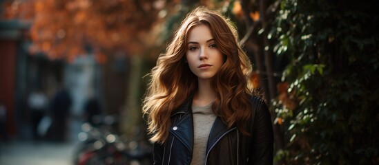 Wall Mural - A young, beautiful woman wearing stylish clothing stands next to a tree along a sidewalk in an urban setting.