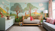 © cool graphic - Playful nursery with an intricately wallpapered accent wall, featuring unique patterns that evoke a sense of whimsy and childhood joy