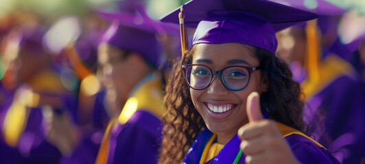 a close-up shot captures the excitement of a female student wearing glasses and a purple graduation 