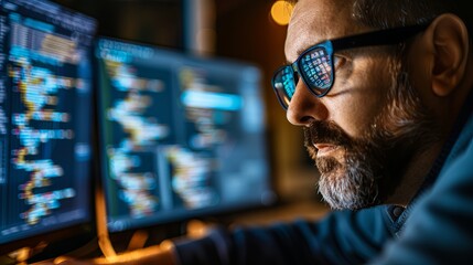 A programmer at work in front of a burning monitor. A male trader at work on a computer. Operational data analysis. Design for banner, flyer, poster, cover or brochure.