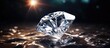 A glimmering diamond sits atop a reflective, glossy surface, catching the light and radiating a brilliant sparkle. The diamonds facets refract the light, creating a dazzling display of colors and