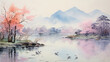 Japanese landscape. Lake in the mountains and sakura trees.