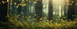 Mystical forest glade with yellow flowers and blurry lights in the background