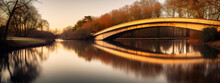 Tranquil Sunset Over A Still River With A Modern Bridge Reflecting On The Water In Warm Colors.