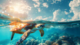 Fototapeta Do akwarium - Beautiful turtle swimming among fishes in blue water of ocean. Beautiful nature underwater world concept. AI generated