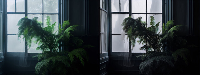 Two ferns in front of a window, with a dark background.