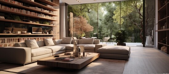 Wall Mural - A modern living room filled with various pieces of furniture, including a sofa, coffee table, and chairs, all neatly arranged around the room. A large window lets in natural light,