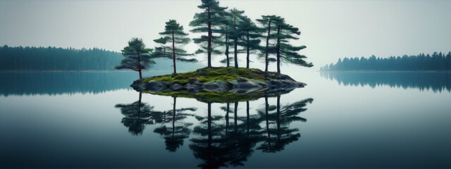 Wall Mural - Small rocky island with green pine trees in the middle of a calm lake surrounded by a larger forest with fog in the background