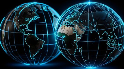 Wall Mural - Digital world map, globe, concept of global connection, network and data transfer, technology and telecommunication, information flow