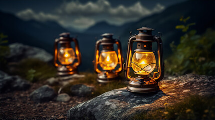 Wall Mural - Three vintage lanterns on a rock at night with a mountain landscape in the background