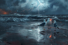 A Beachfront, Crashing Waves, And Lightning Bolts Reflected In Wet Sand, Seagulls Taking Shelter