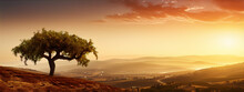 Splendid sunset over the distant hills and a lonely tree in the foreground