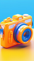 Wall Mural - 3D rendering of a retro camera with a blue background and yellow foreground.