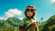 Monkey posing dressed in flower shirt in spring summer to celebrate holidays. Monkey looking cute with flower shirt with a background of nature and blue sky. Concept of friendly animals