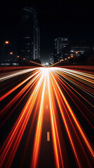 Wall Mural - Light trails on a highway at night with a futuristic city in the background in red and orange colors with a black background.