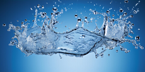 Wall Mural - Water splash with droplets of water on a blue background.