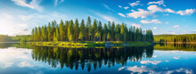 The Image Is Of A Beautiful Lake Reflecting The Sky And Trees In The Water With A Blue Sky And White Clouds.