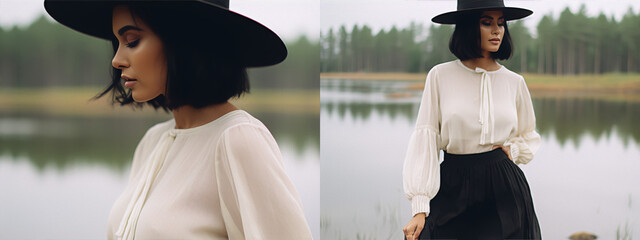 Portrait of a beautiful woman in a black hat and white blouse standing by a lake, with a forest in the background.