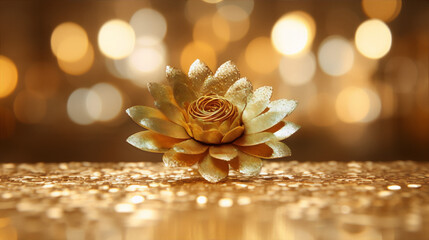 Wall Mural - Golden flower in full bloom against a blurred background of golden lights.