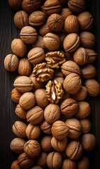 Hazelnut on wooden table with green leafs. Background of nuts. Food background. Healthy organic food, bio-products. The concept of vegetarian, vegan and raw food.