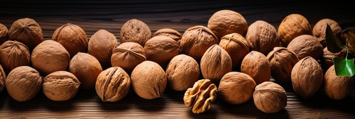 Wall Mural - Hazelnut on wooden table with green leafs. Background of nuts. Food background. Healthy organic food, bio-products. The concept of vegetarian, vegan and raw food.