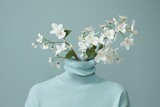 Fototapeta  - flowers growing out of pastel blue turtleneck shirt, sustainable eco fashion concept