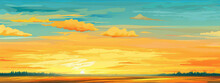 Sunset Landscape With Orange Sky, Blue Green Clouds And Yellow Field