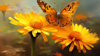 Wall Mural - Oil painting of a butterfly on yellow flowers with a blurred background in warm colors.