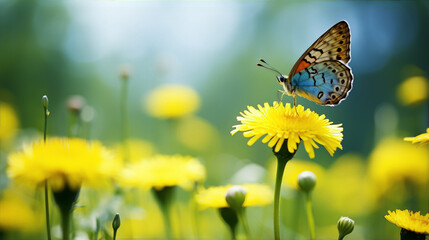 Wall Mural - A colorful butterfly on a yellow flower with a blurred background of yellow flowers and green foliage.