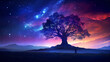 Fantasy landscape with a giant tree under a starry night sky and a couple standing in front of it.