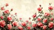 Vintage Rose Wallpaper with Blooming Pink Roses on an Antique Cream Background, Suitable for Elegant Retro Designs