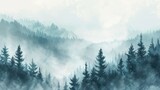 Fototapeta Fototapety z naturą - Misty landscape background with fog and fir forest in watercolour style, nature poster or banner