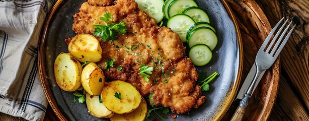 Classic fried schnitzel stake served with potato and cucumber salad on a rustic modern plate