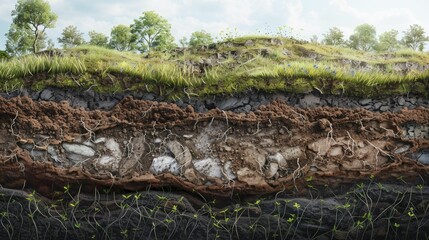 Poster - In a soil cross section, layers of organic matter store carbon, highlighting soil sequestration.